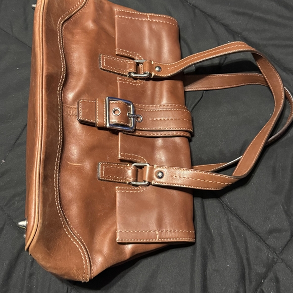 Coach Tan Leather Tote with Buckle Accents - Picture 1 of 4